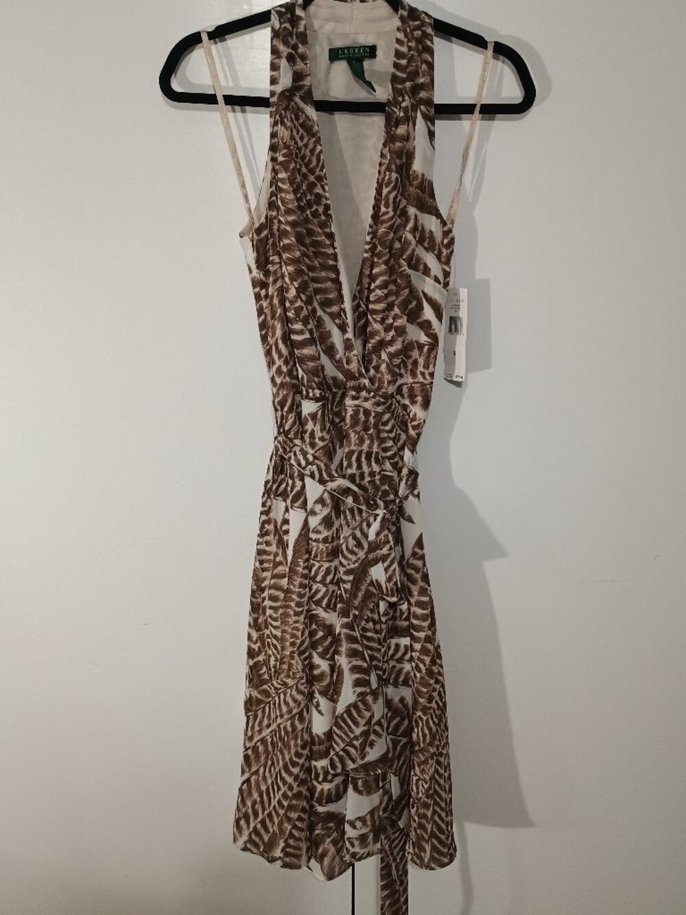 Lauren Ralph Lauren Feather Print Halter Dress Size 6 NWT Brown Ivory Wrap Tie W - Picture 2 of 8